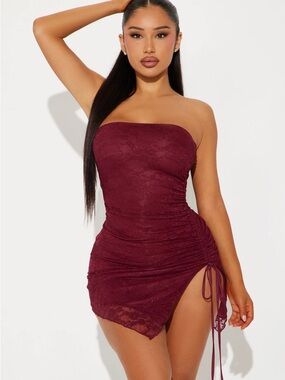 blue dress for baby girl Romane Burgundy Strapless Corset Chiffon Maxi Dress